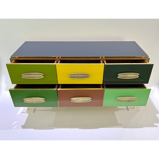 Bespoke Italian Green Yellow Brown Gray Blue Modern Brass 6-Drawer Dresser/Chest