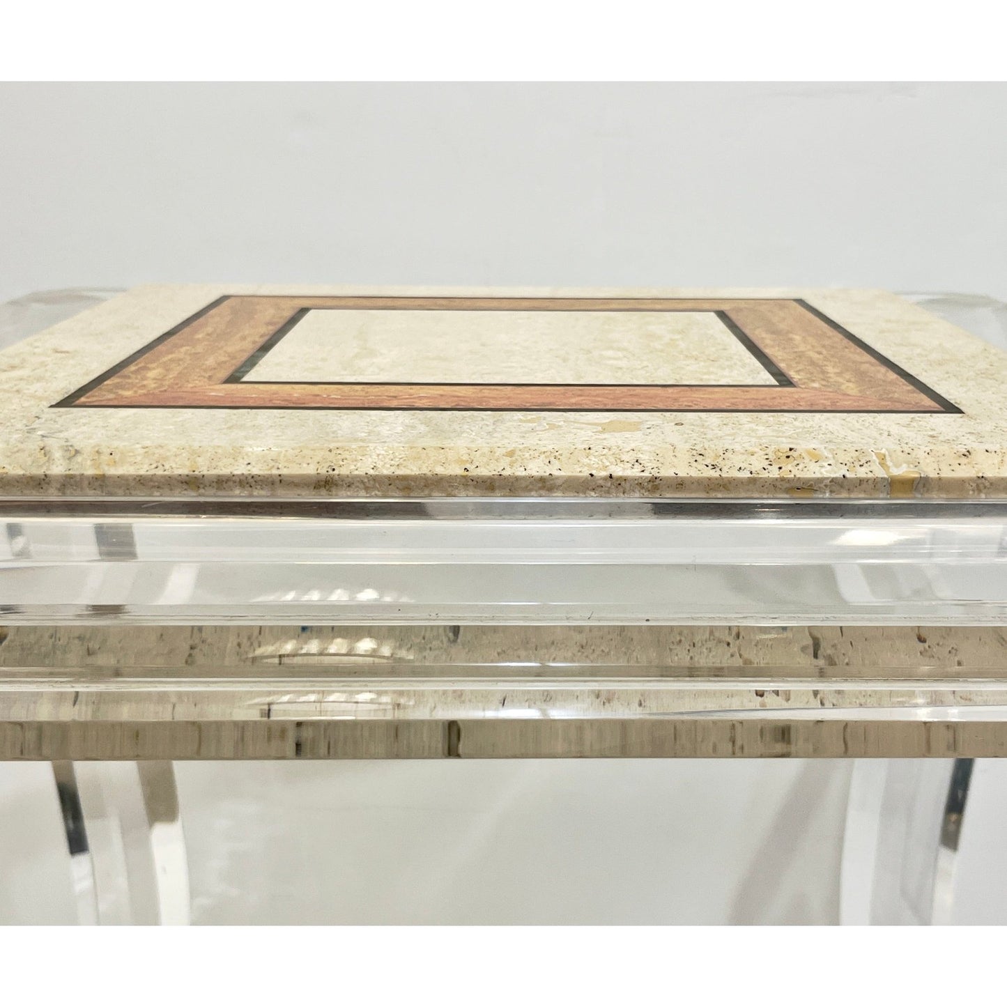 1970s Vintage Italian Lucite Pair of Tables with Encased Travertine & Marble Top