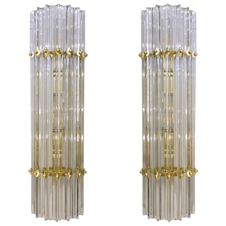 Italian Contemporary Minimalist Pair of Aquamarine Murano Glass Nickel Sconces
