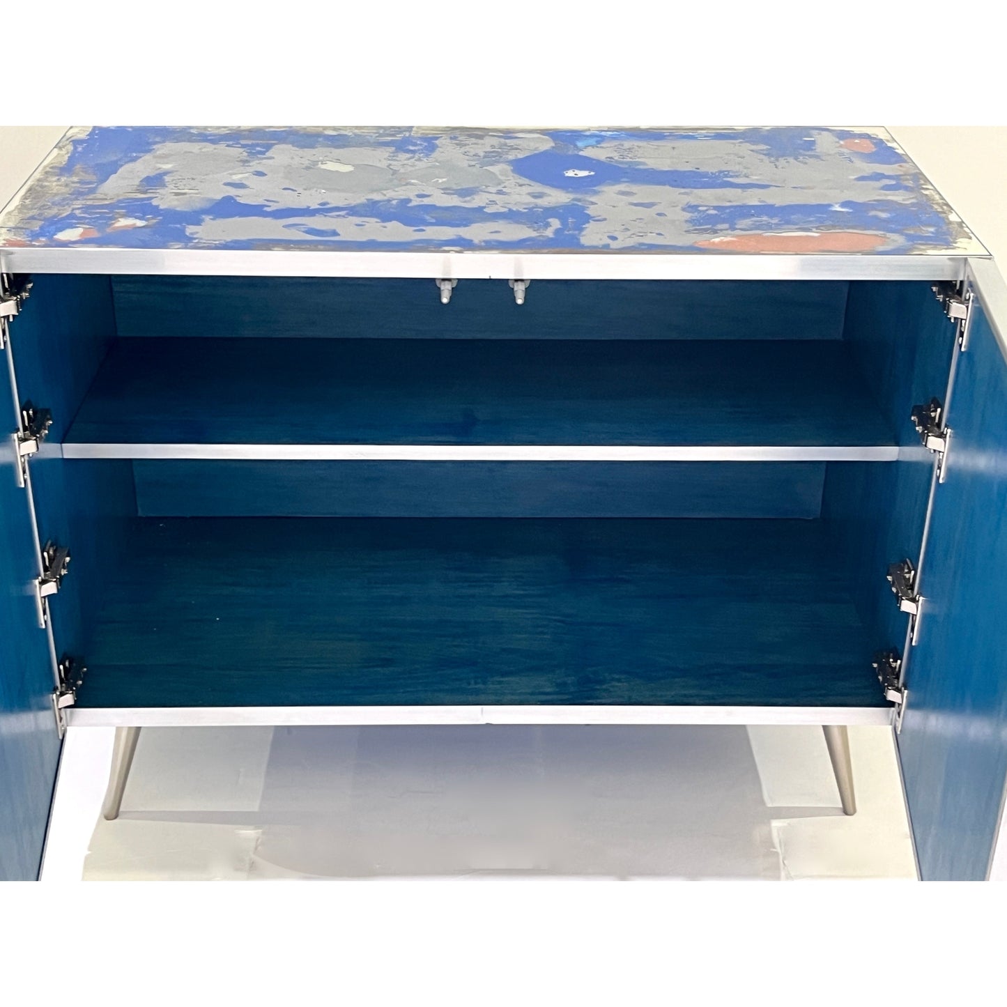 Italian Post Modern Abstract Art Blue Brown Satin Nickel Finish Mirror Cabinet