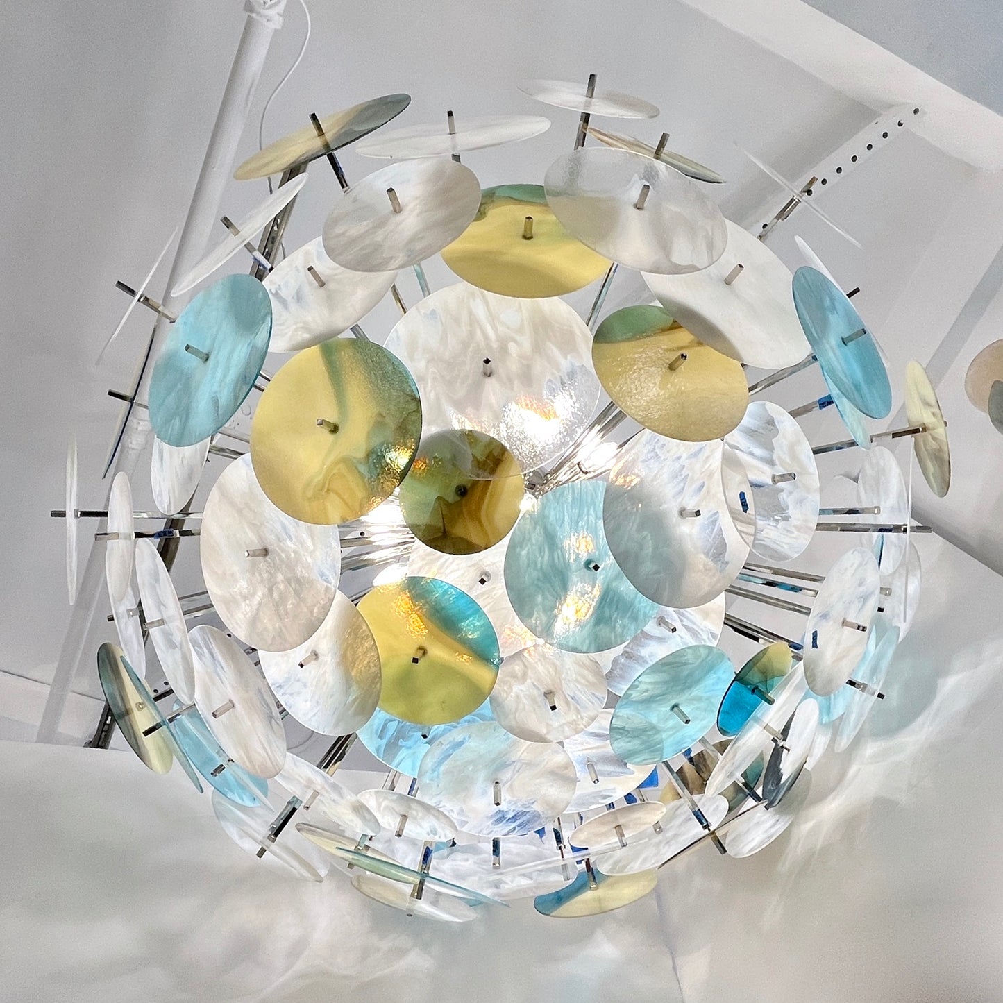 Modern Italian White Aqua Blue Yellow Murano Glass Nickel Sputnik Flushmount