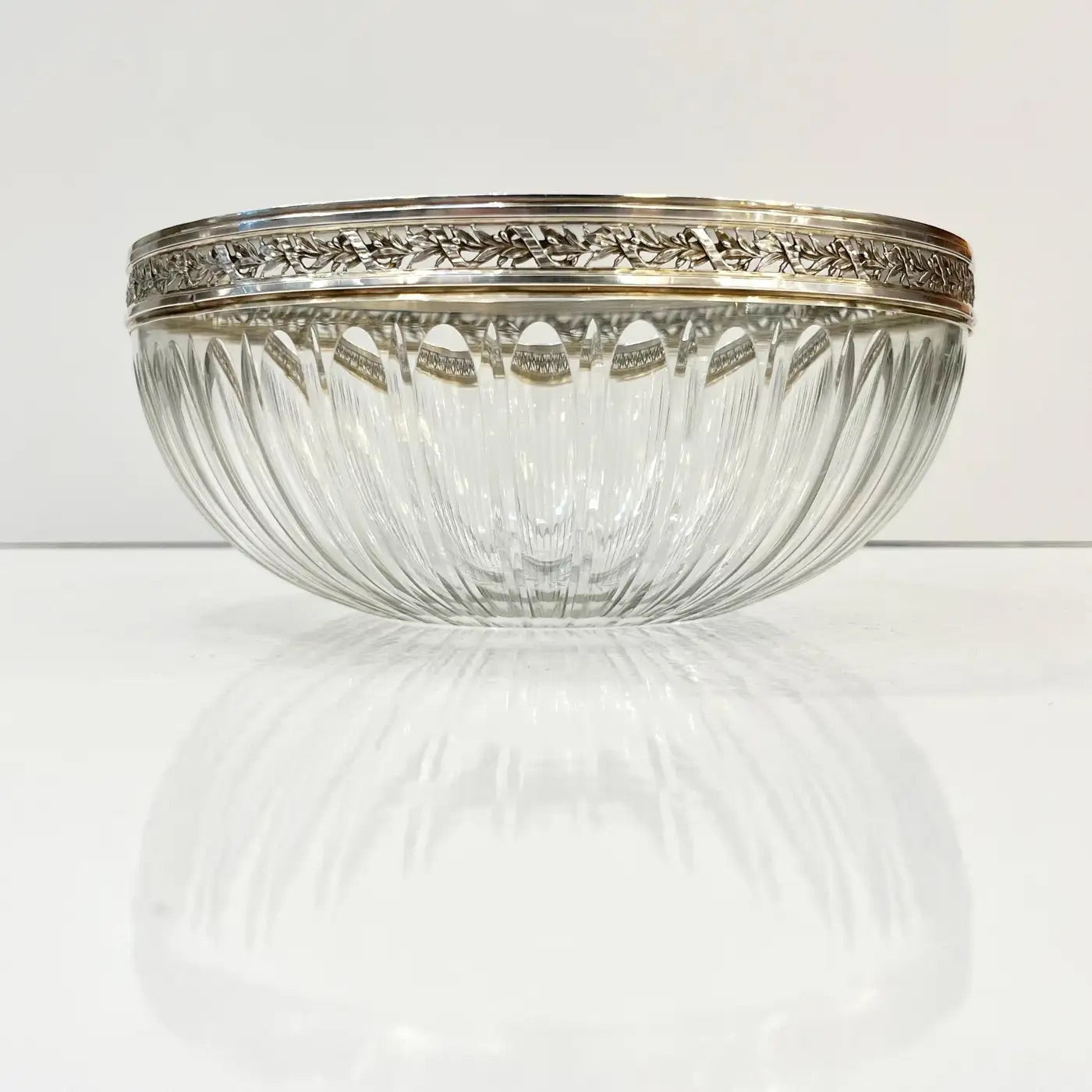Antique French Neoclassical Foliage Decor Silver Plated Rim Cut Crystal Bowl