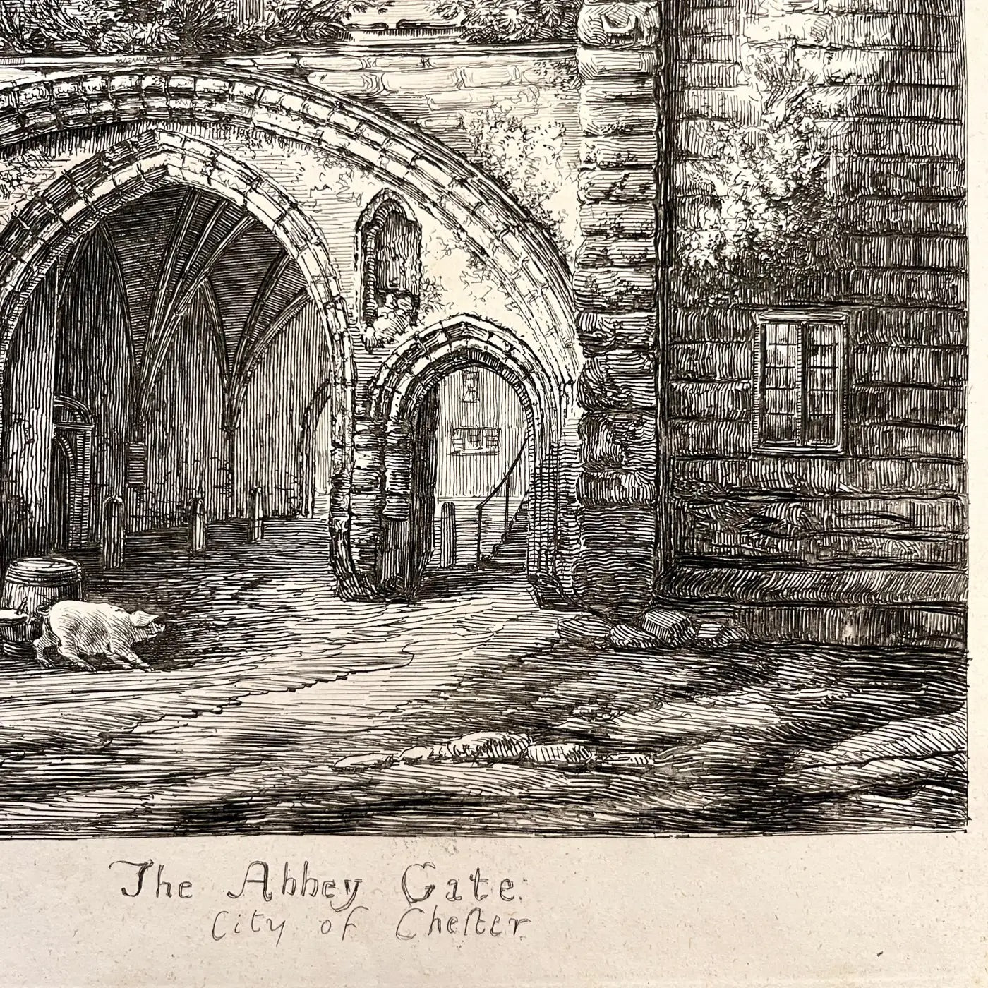 19th C. The Abbey Gate English Antique Gold Framed Green Mat Black White Etching
