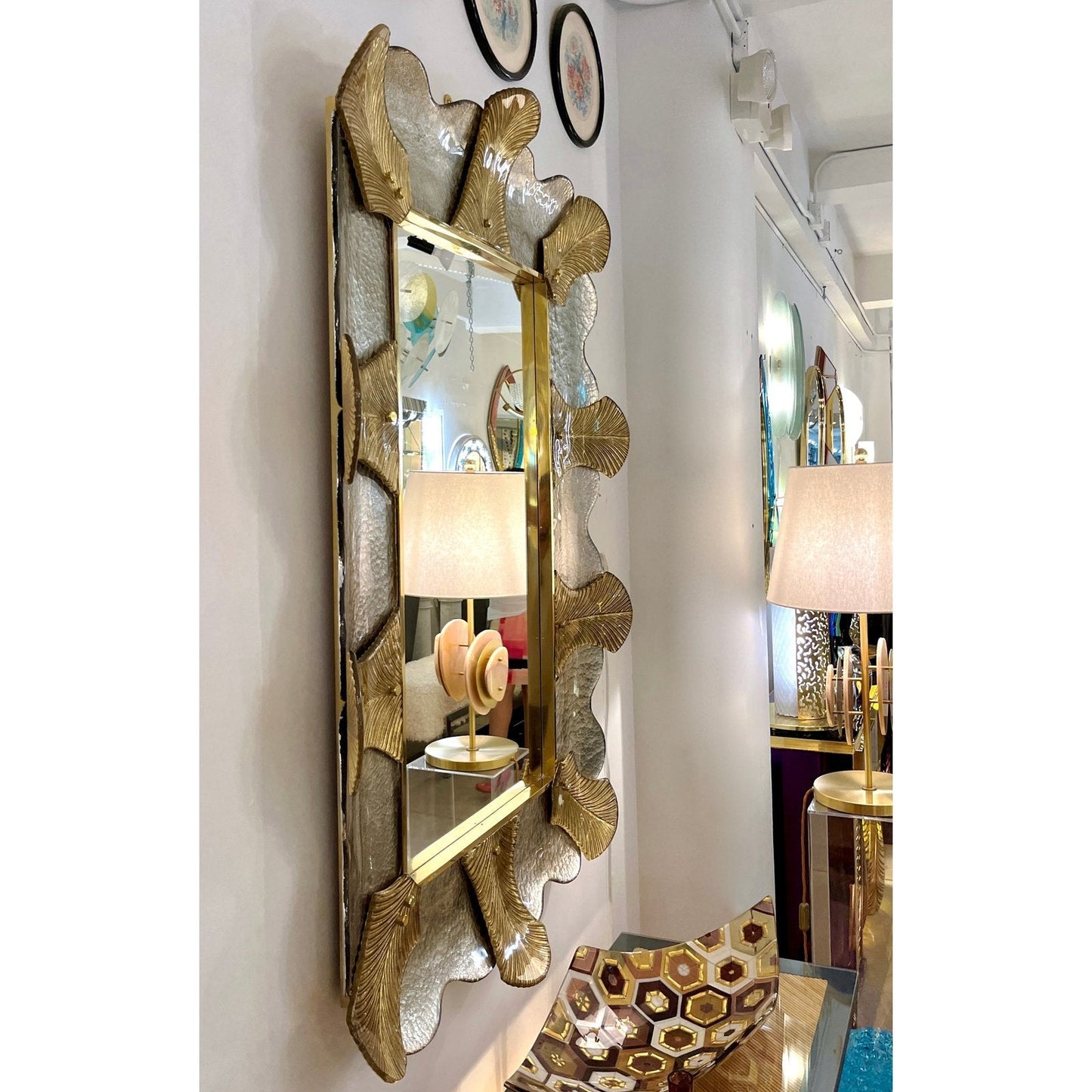Bespoke Italian Pair of Art Deco Style Curved Leaf Murano Glass Brass Mirror