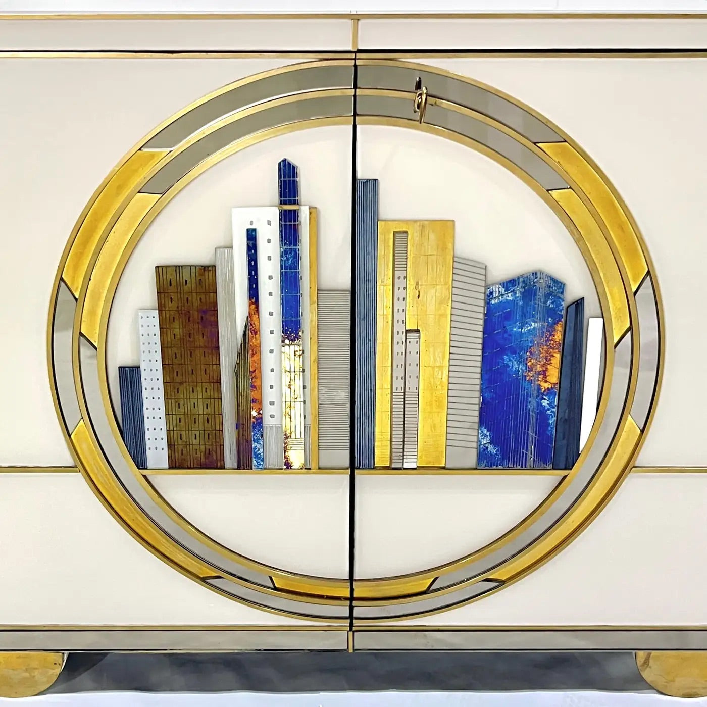 Italian Bespoke Modern Ivory Cabinets with Blue Gold Brass New York City Outline