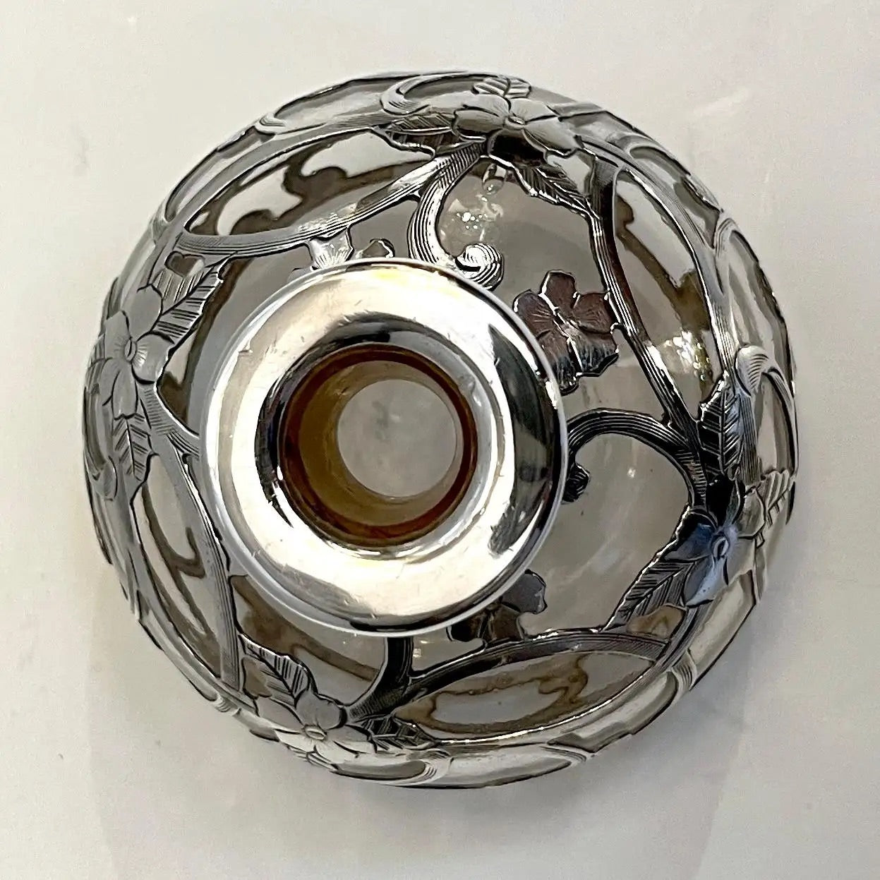 French Art Deco Sterling Silver Flower Overlay Crystal Glass Perfume Bottle
