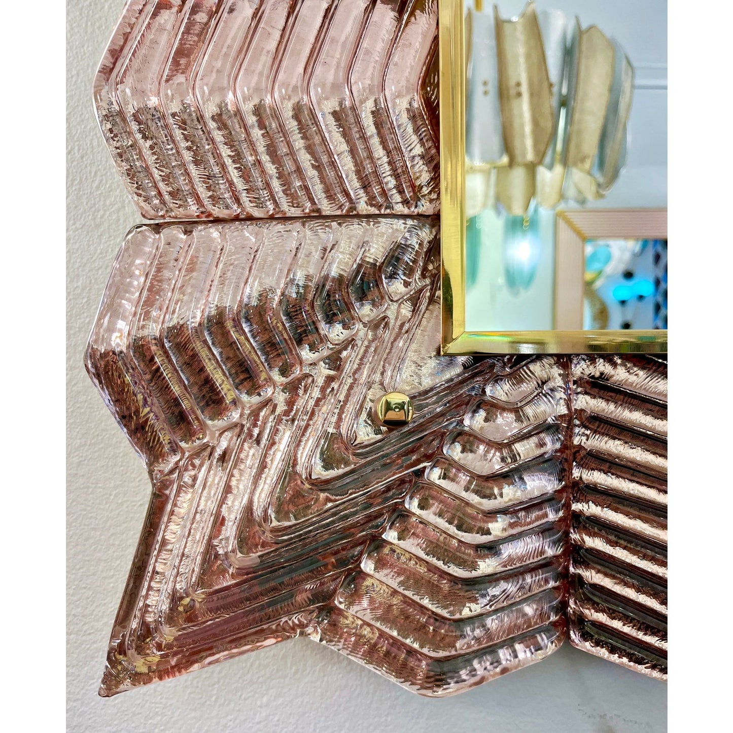 Bespoke Italian Art Deco Design Small Ruffled Pink Murano Glass Brass Mirror