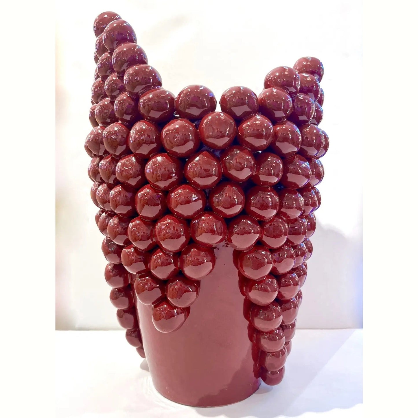 Post-Modern Italian Pair Sculptural Ceramic Dark Wine Vases with Grapevine Decor