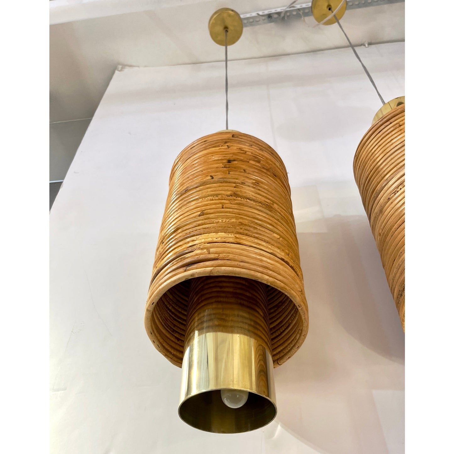 Contemporary Italian Customizable Circular Rattan Brass Pendant/Chandelier