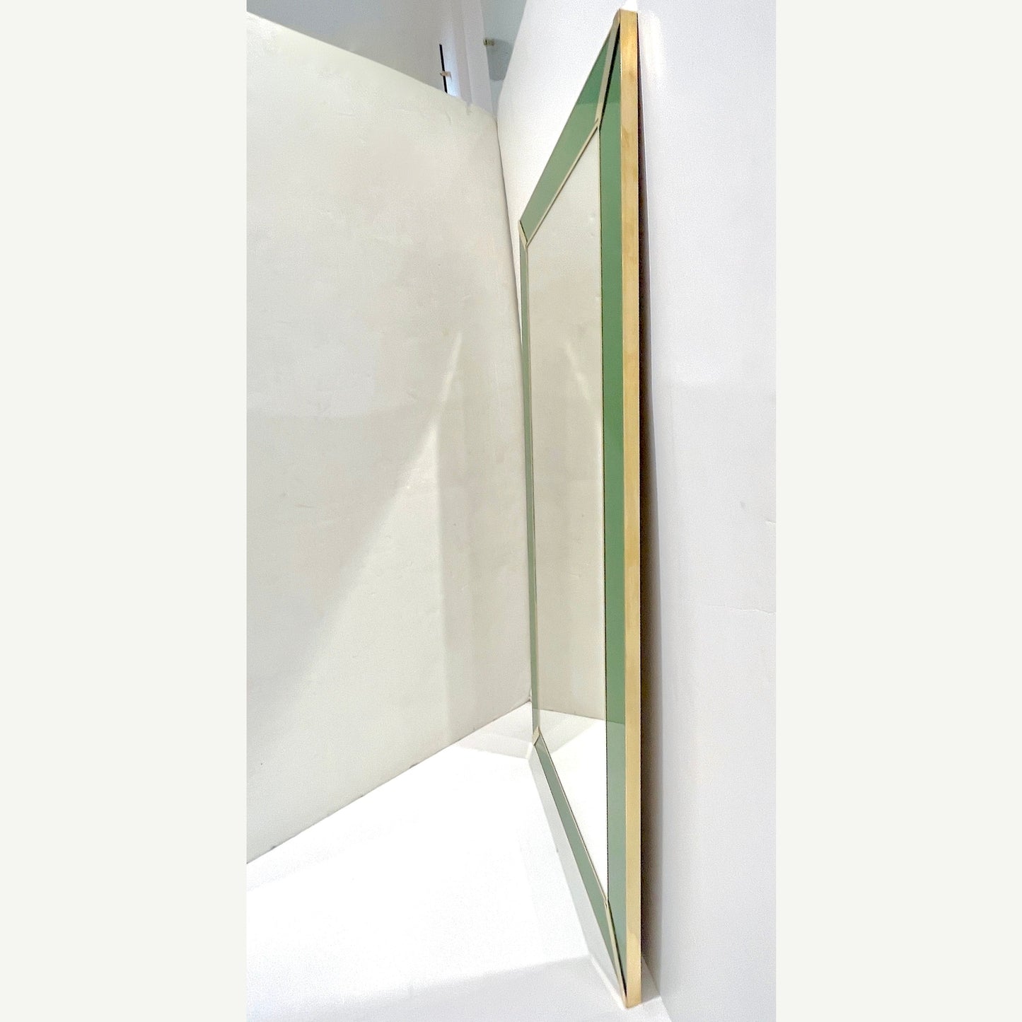 Contemporary Italian Minimalist Design Green Glass Mirror with Brass Accents