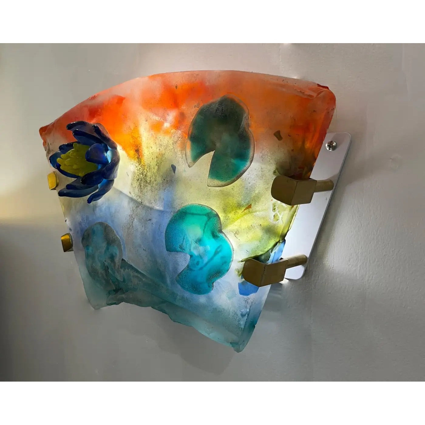 1950s Cenedese Italian Orange Blue Green Scavo Murano Glass Sconce