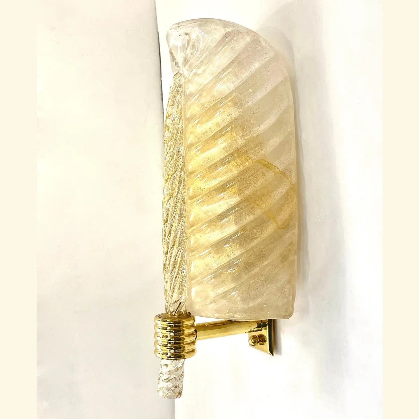 Contemporary Italian Art Deco Pair Crystal Gold Murano Glass Brass Leaf Sconces