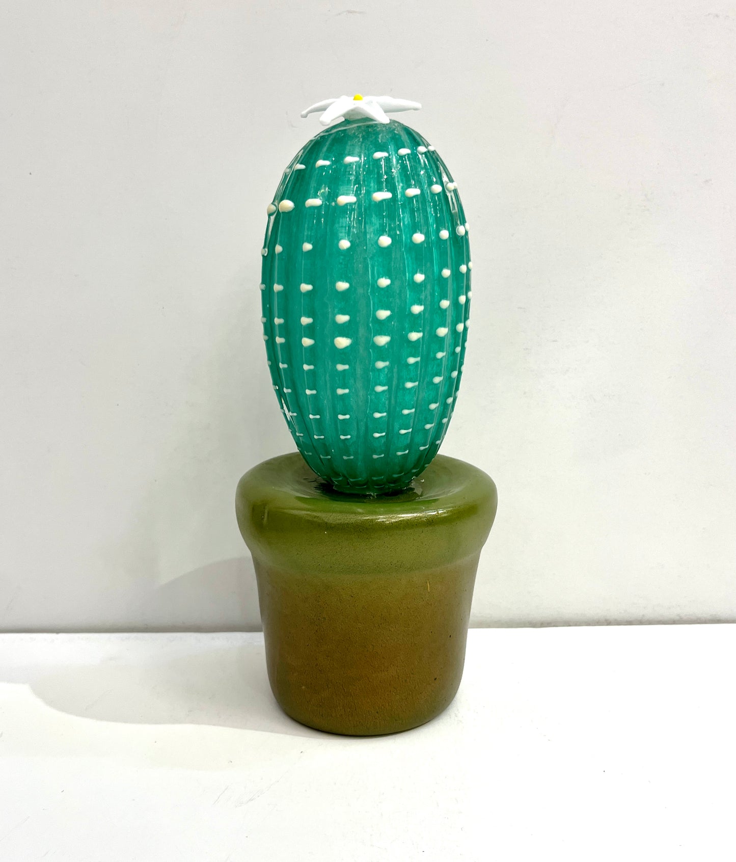 2000s Italian Moss Green Gold Murano Art Glass Cactus Plant with White Flower