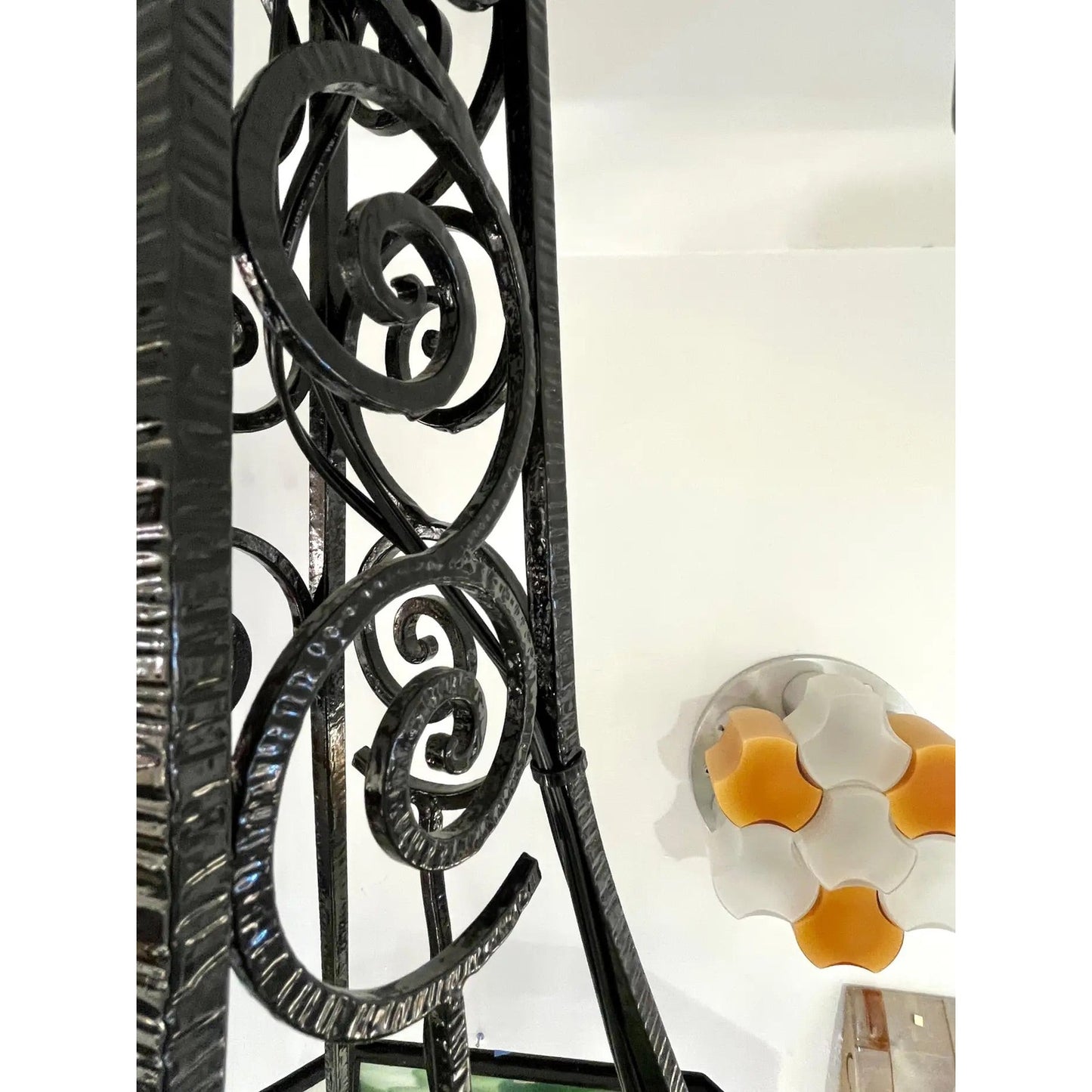 1930s Italian Art Deco White Green Murano Glass Black Iron Chandelier Lantern
