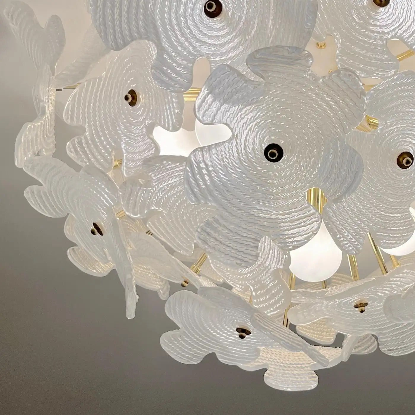 Contemporary Italian Brass & Satin White Murano Glass Flower Sputnik Flushmount