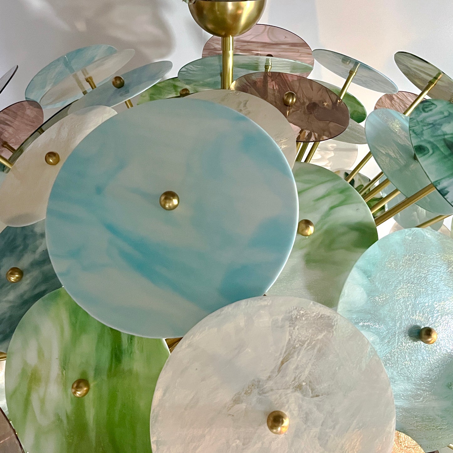 Italian Monumental Blue Pink Pastel Murano Glass Round Brass Sputnik Chandelier
