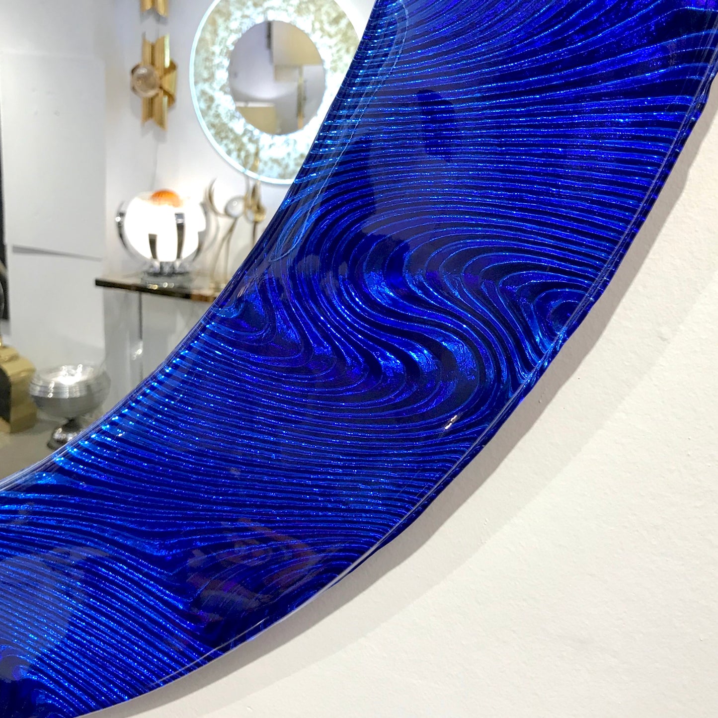 Bespoke Italian Custom Brass & Textured Cobalt Blue Murano Glass Round Mirror
