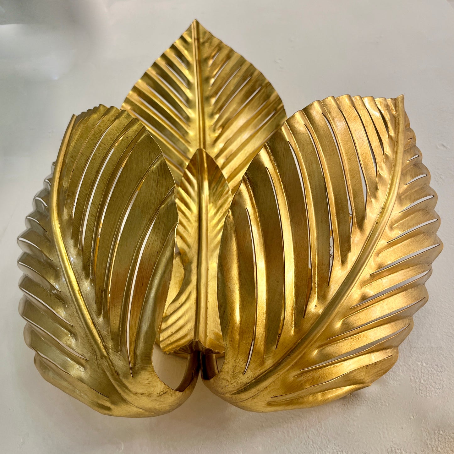 Contemporary Italian Art Deco Design Pair of Hand Made Gold Metal 3-Leaf Sconces