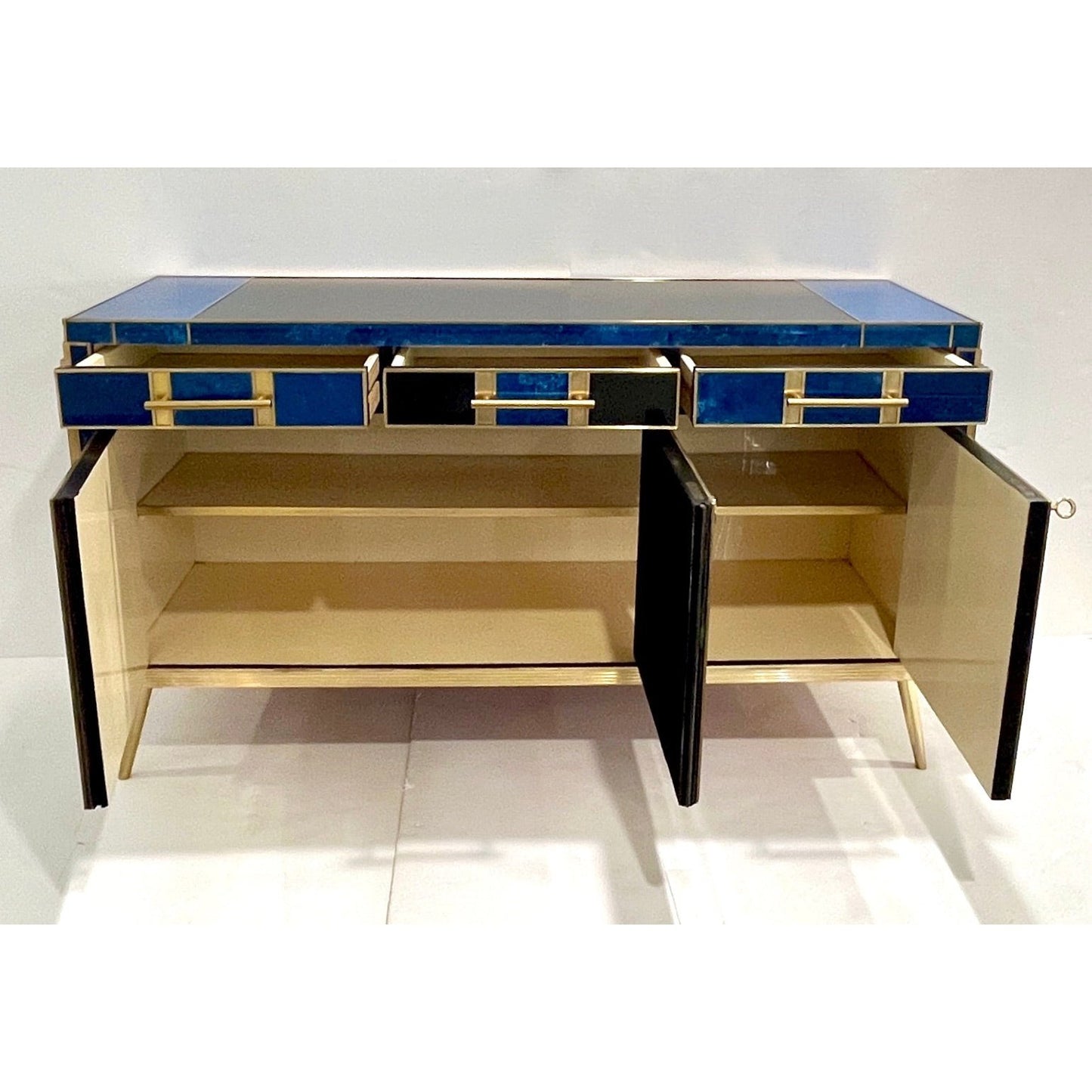 1980s Italian Post Modern Vintage Blue Black Brass 3-Door 3-Drawer Cabinet