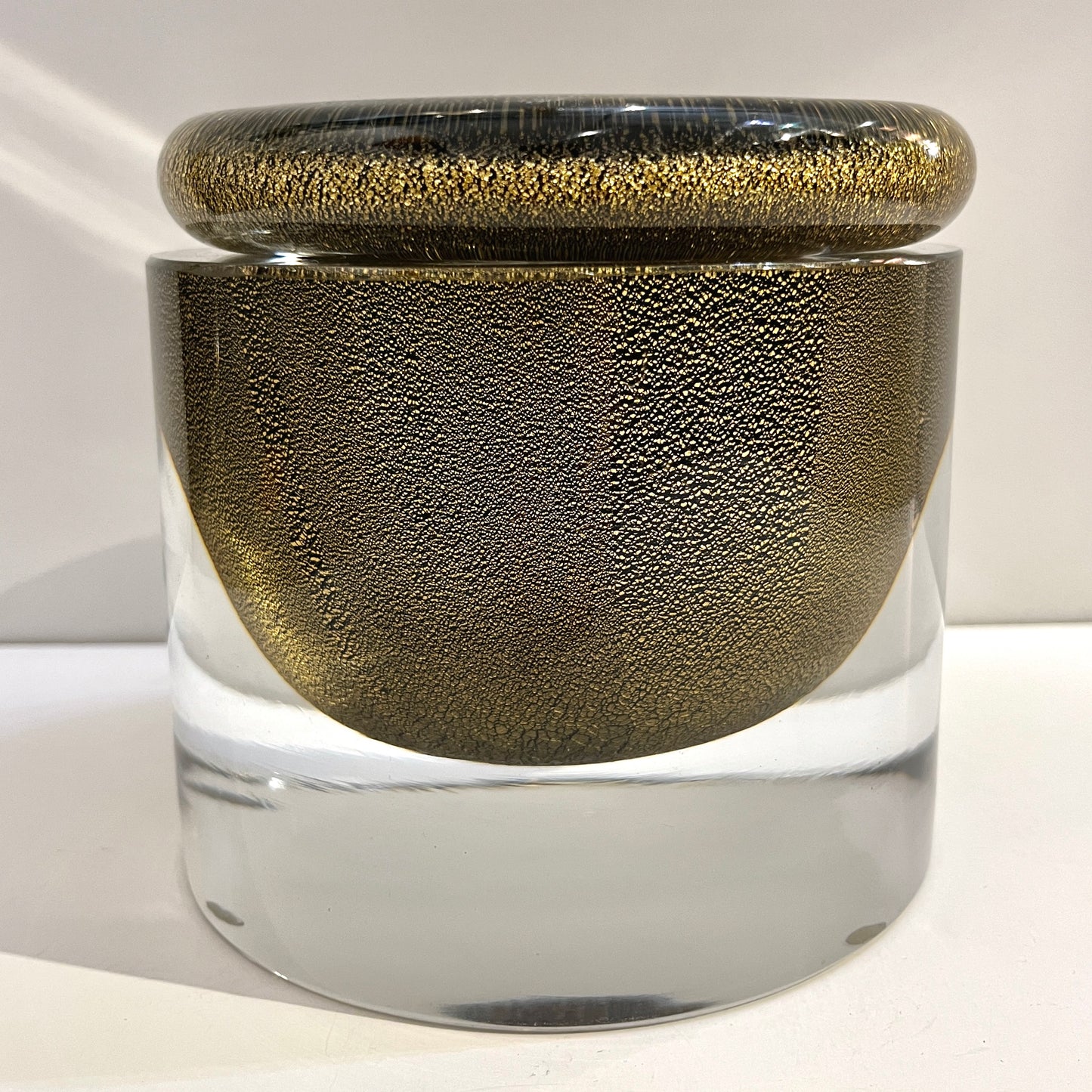 1980 Italian Crystal & Black Murano Glass Round Box Worked with 24Kt Gold Dust