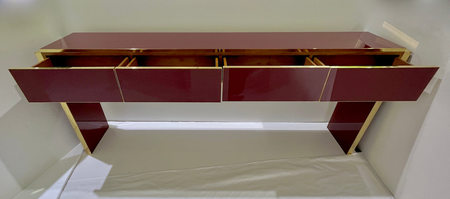 Bespoke Italian 4 Drawers Burgundy Wine & Brass Console Long Table/Sideboard