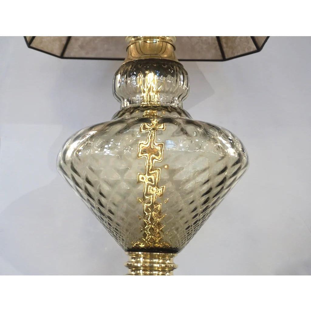 1980 Italian Vintage Pair of Smoked Murano Glass Lamps with Black & Brass Accent