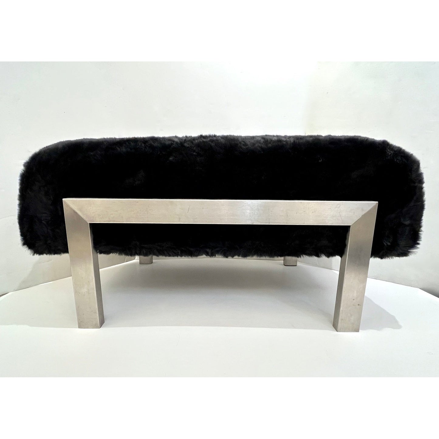 1970s Italian Vintage Black Faux Fur Steel Bed Stool Bench
