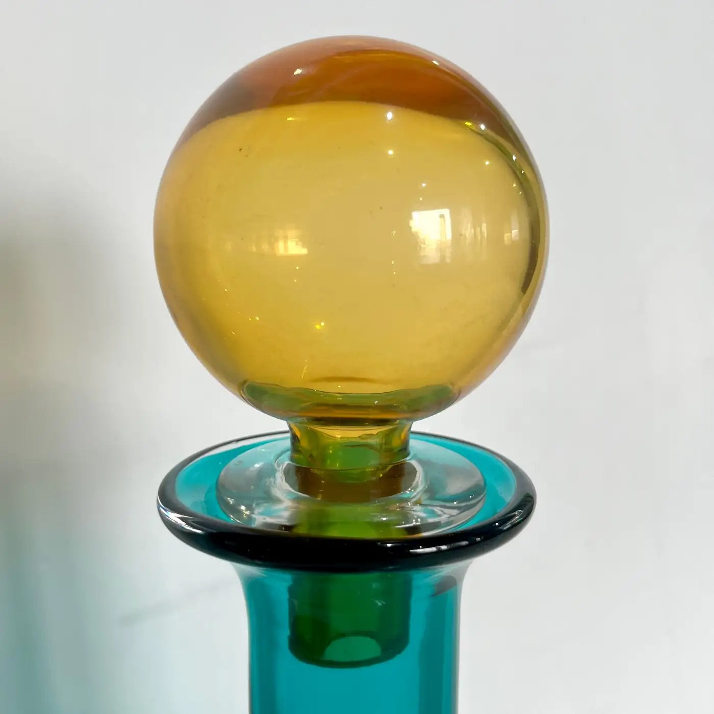 1980s Italian Tall Bright Colorful Light Blue Amber Murano Glass Modern Bottle