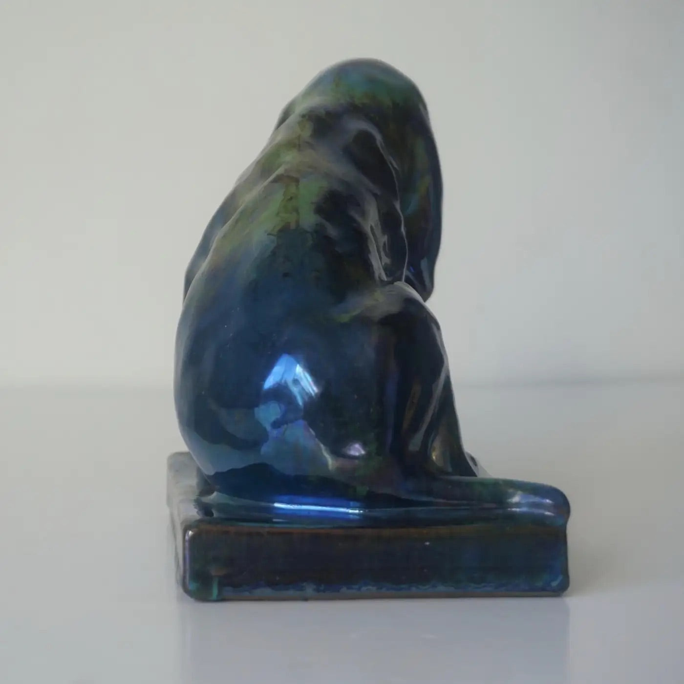 French Antique Pottery Art Nouveau Lustre Glaze Blue Green Dog Figure Sculpture