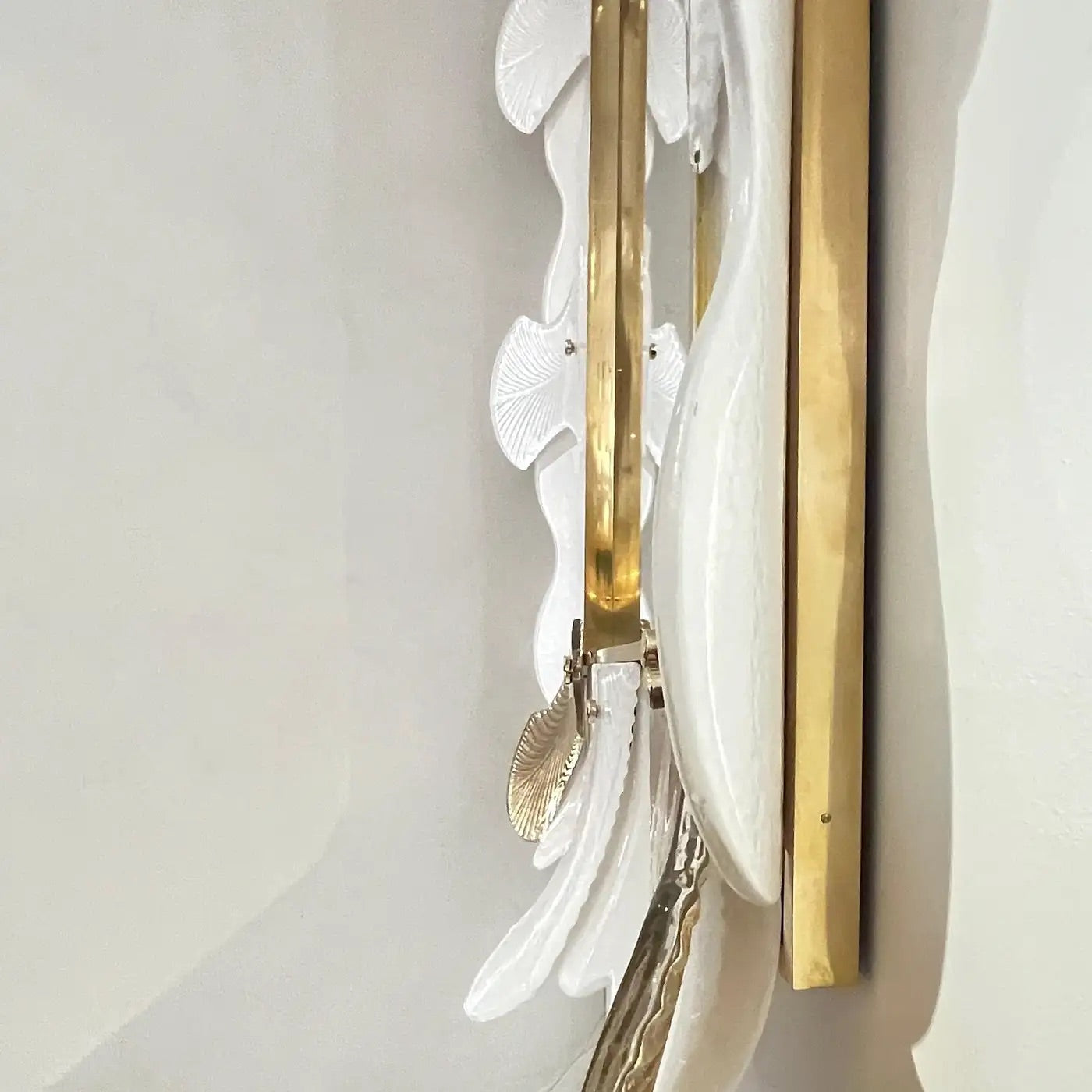 Bespoke Italian Art Deco Style Curved Leaf White Gold Murano Glass Brass Mirror