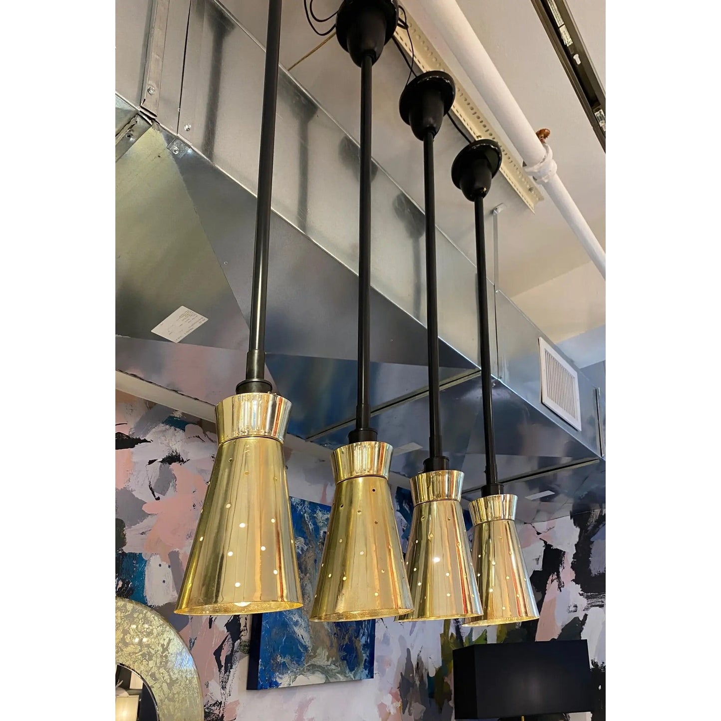 LUCI Set of 4 Italian Mid-Century Black & Perforated Brass Cone Pendant Lights