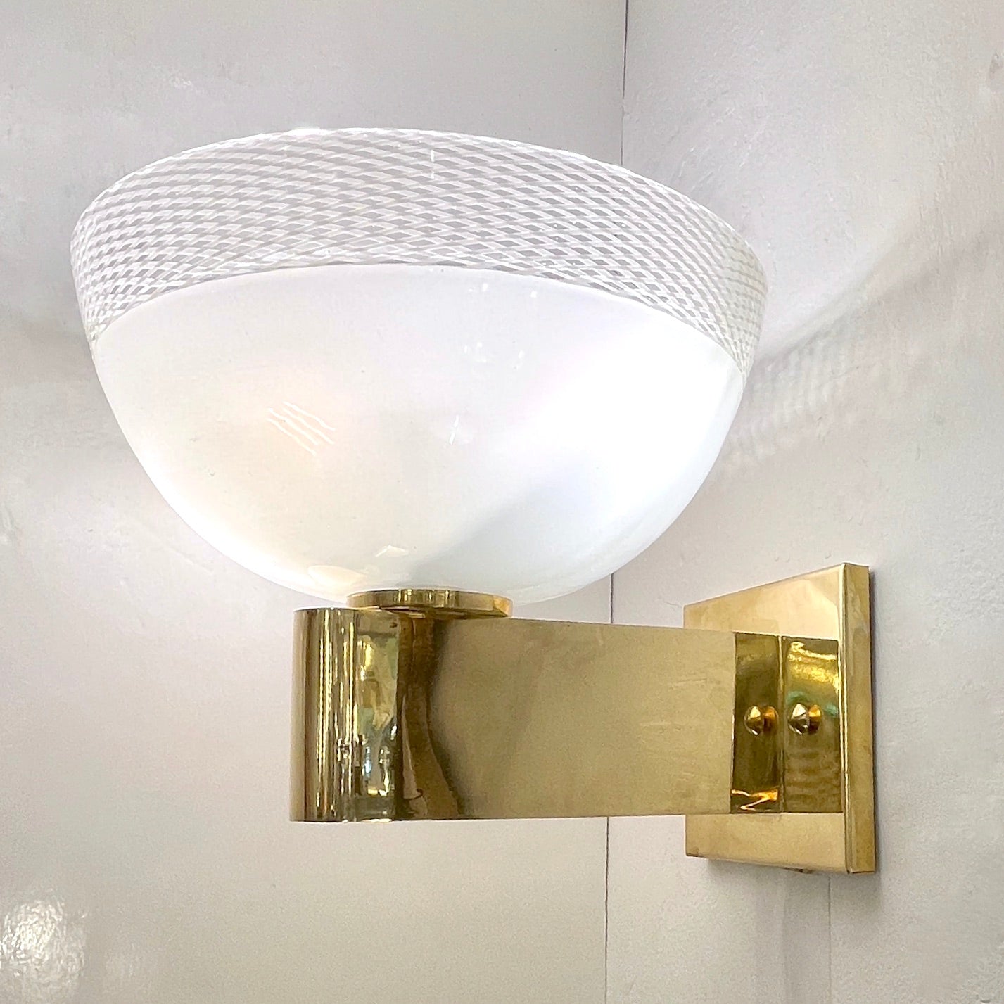 Venini 1960s Italian Art Deco Design White Murano Glass Bowl Brass Wall Lights