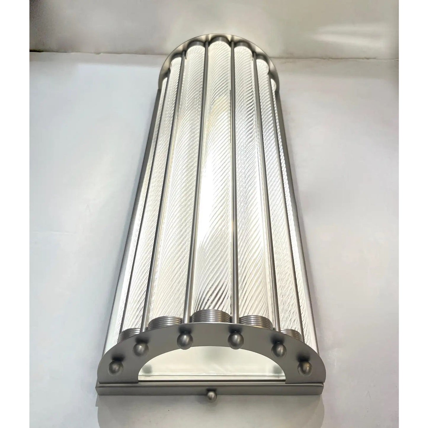 Italian Art Deco Design Pair Crystal Murano Glass Half Moon Satin Nickel Sconces