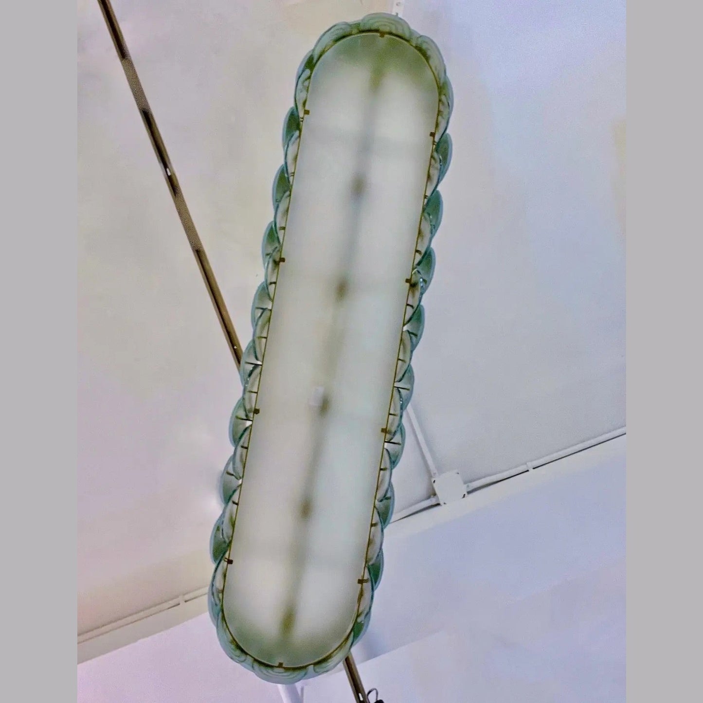 Italian Fontana Arte Style Pearl Aqua Blue Murano Glass Oval Brass Chandelier