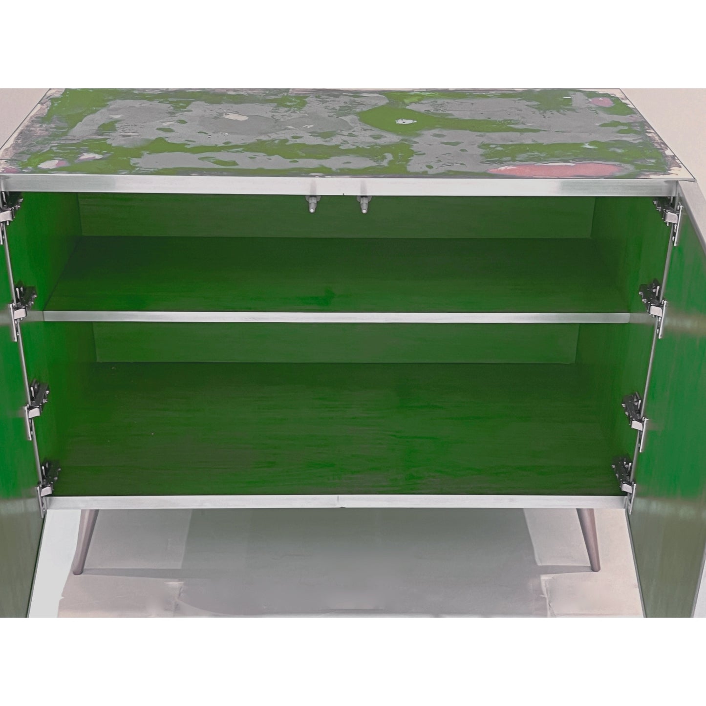 Italian Post Modern Abstract Art Green Purple Satin Nickel Finish Mirror Cabinet