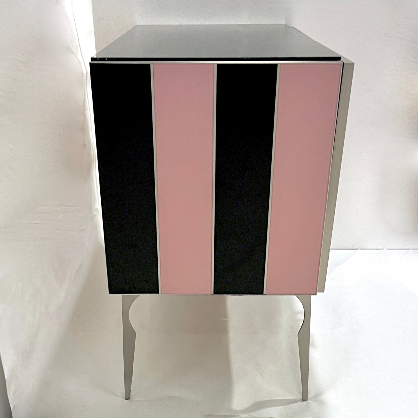 Modern Italian Art Deco Style Pink Black Stripe Glass Satin Nickel Cabinet /Bar