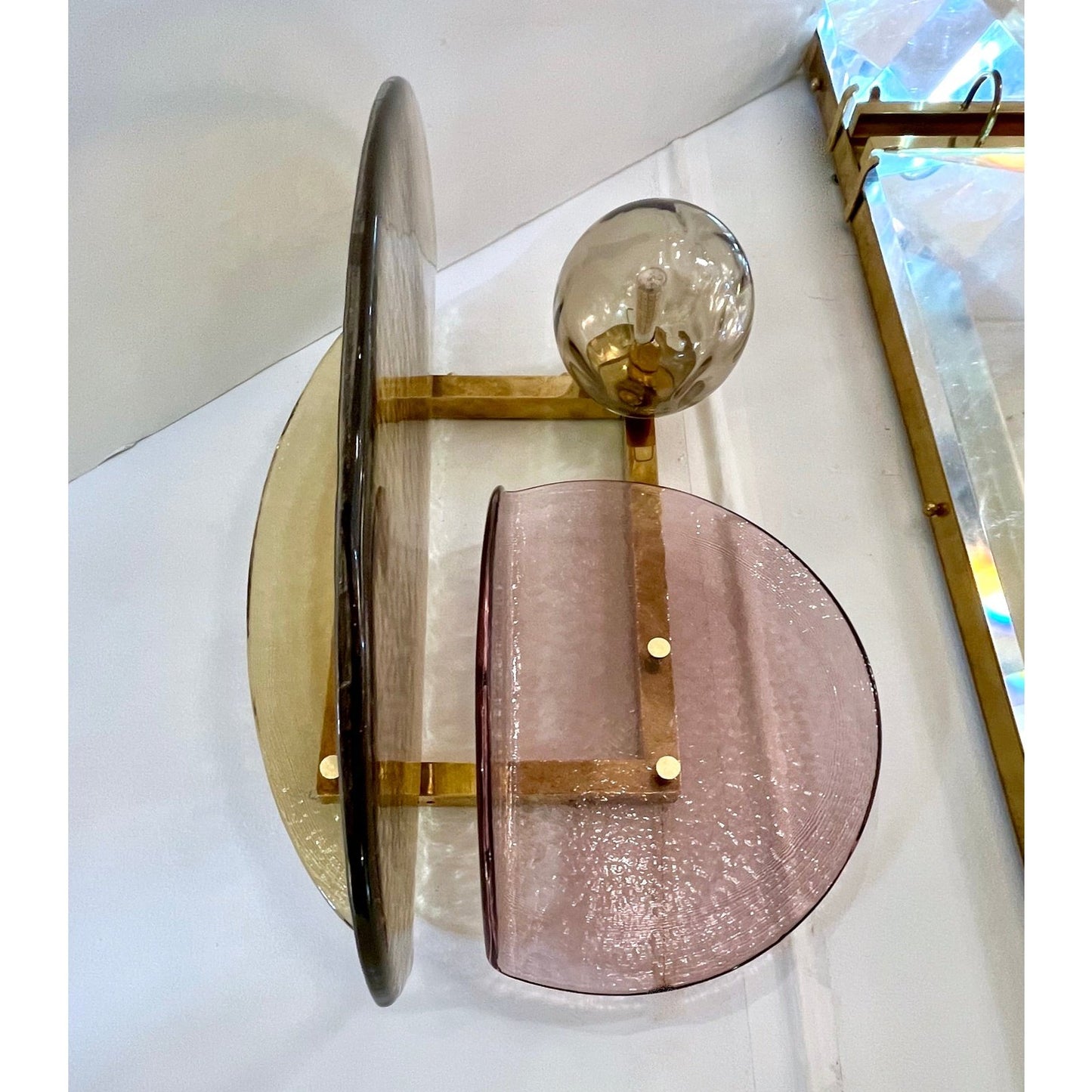 Contemporary Italian Mauve Plum Amber Murano Glass Post-Modern Gold Brass Sconce