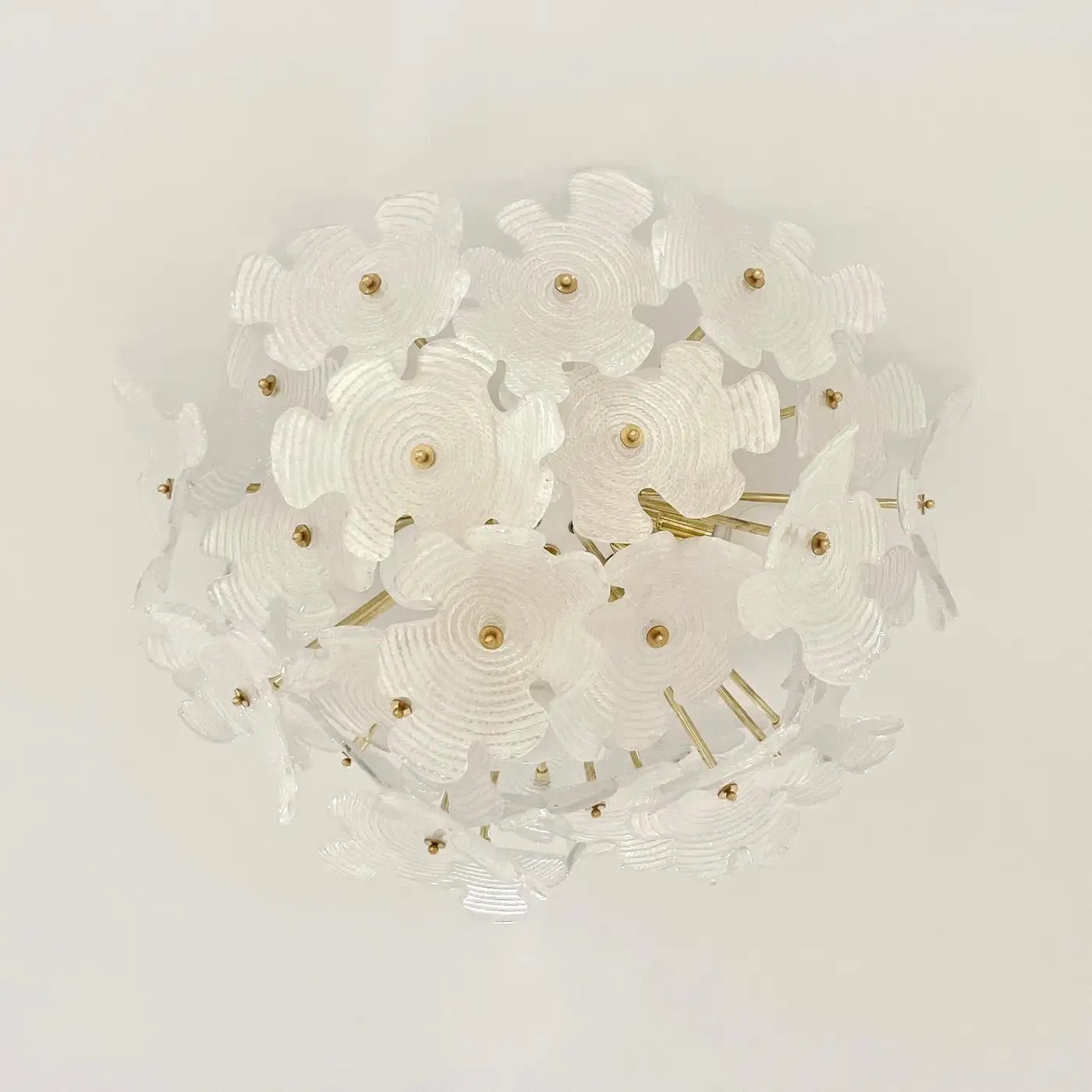 Contemporary Italian Brass & Satin White Murano Glass Flower Sputnik Flushmount