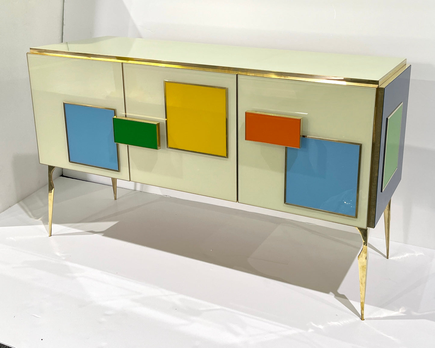 Bespoke Italian Ivory Yellow Green Blue Geometric Postmodern Cabinet/Sideboard