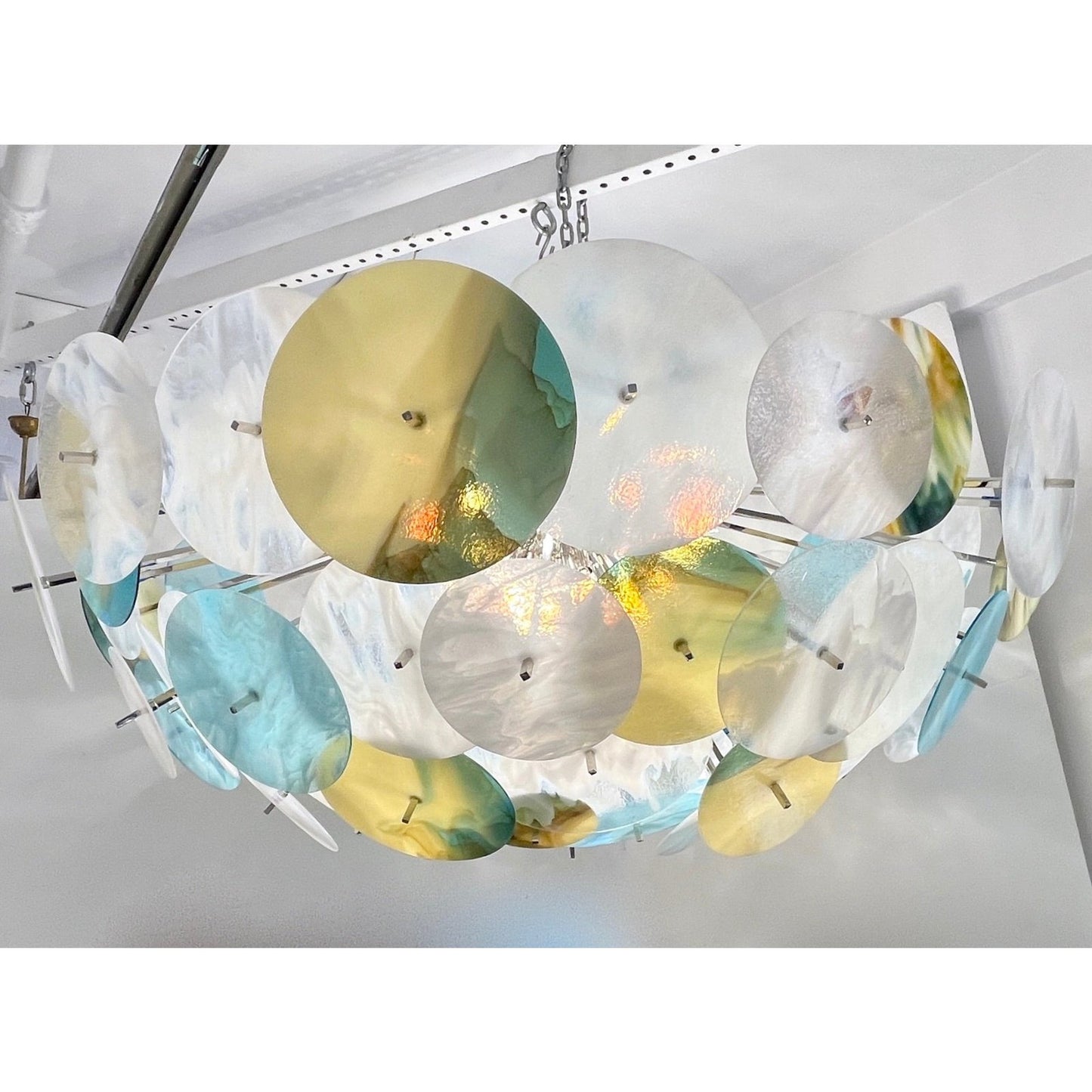 Modern Italian White Aqua Blue Yellow Murano Glass Nickel Sputnik Flushmount
