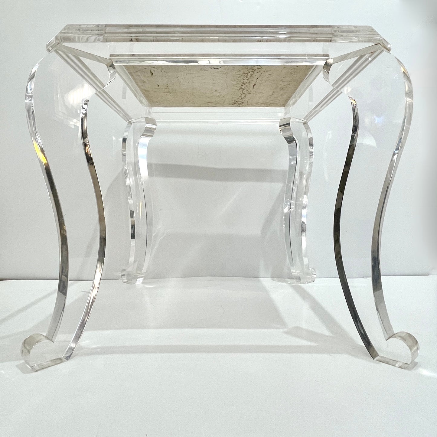 1970s Vintage Italian Lucite Pair of Tables with Encased Travertine & Marble Top