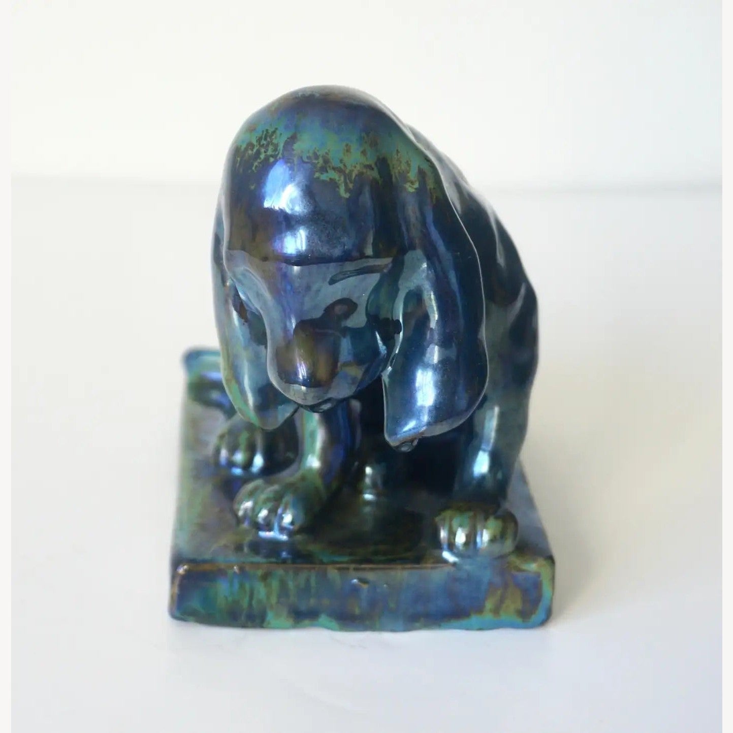 French Antique Pottery Art Nouveau Lustre Glaze Blue Green Dog Figure Sculpture