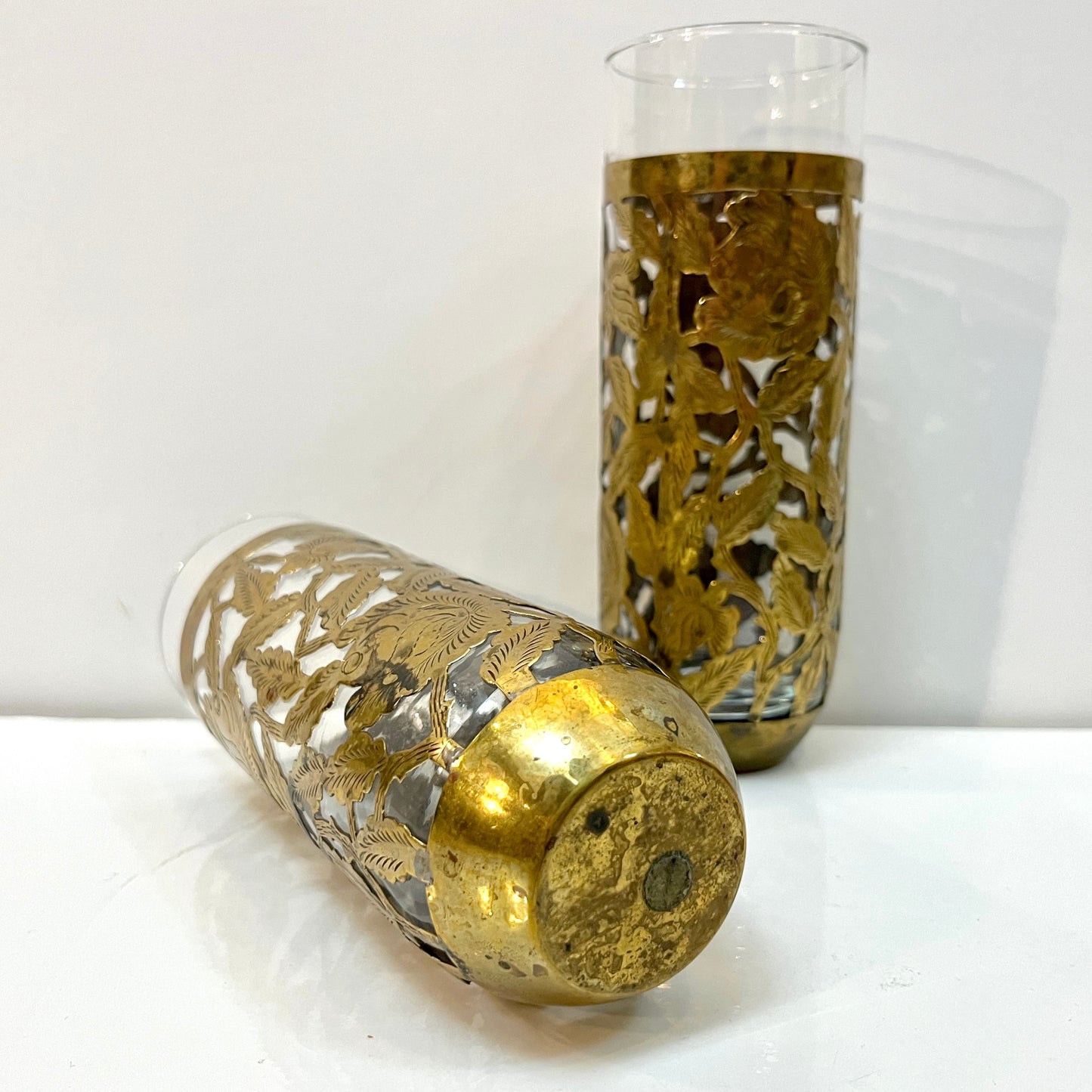1960s Mexican Pair Drinking Glasses Encased in Etched Cutwork Floral Brass Decor