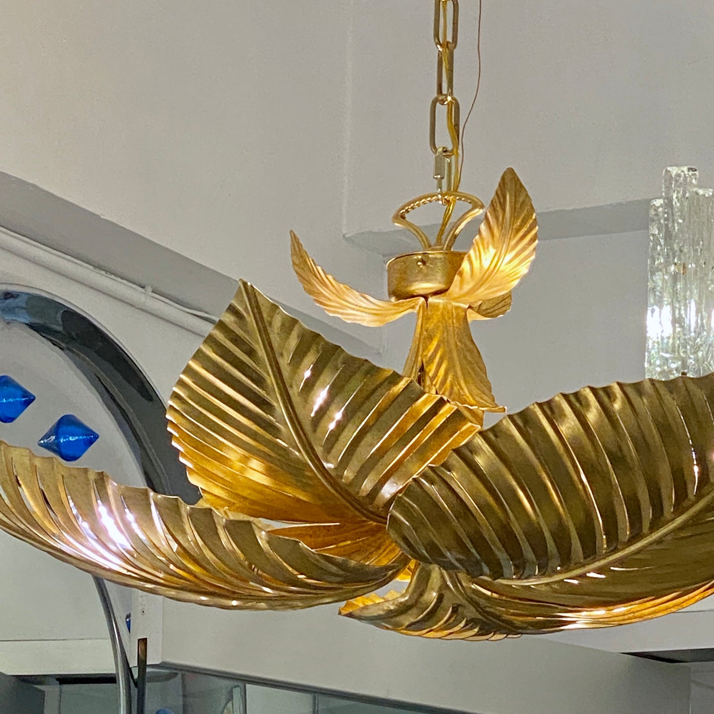 Contemporary Italian Art Deco Design Hand Made Gold Metal Tiered Leaf Chandelier
