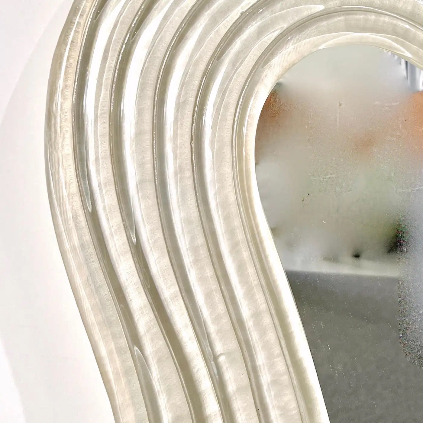 Contemporary Italian Pearl White Cream Murano Glass Brass Backlit Curved Mirror