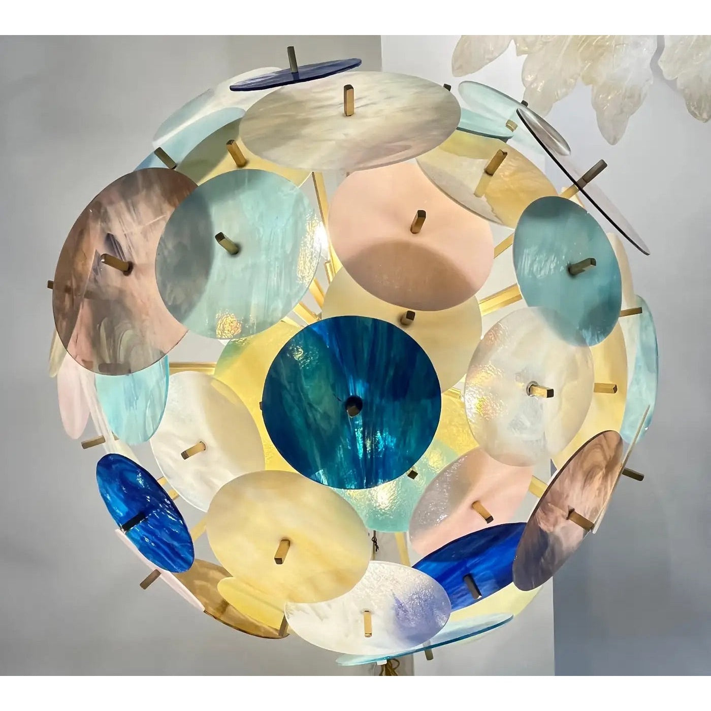Contemporary Italian Amber White Aqua Vivid Blue Murano Glass Sputnik Flushmount