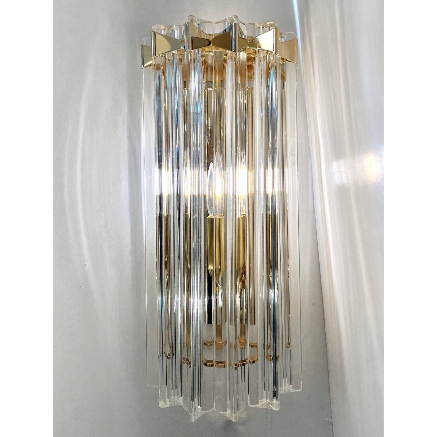 Italian Contemporary Minimalist Brass Crystal Clear Murano Glass Sconce