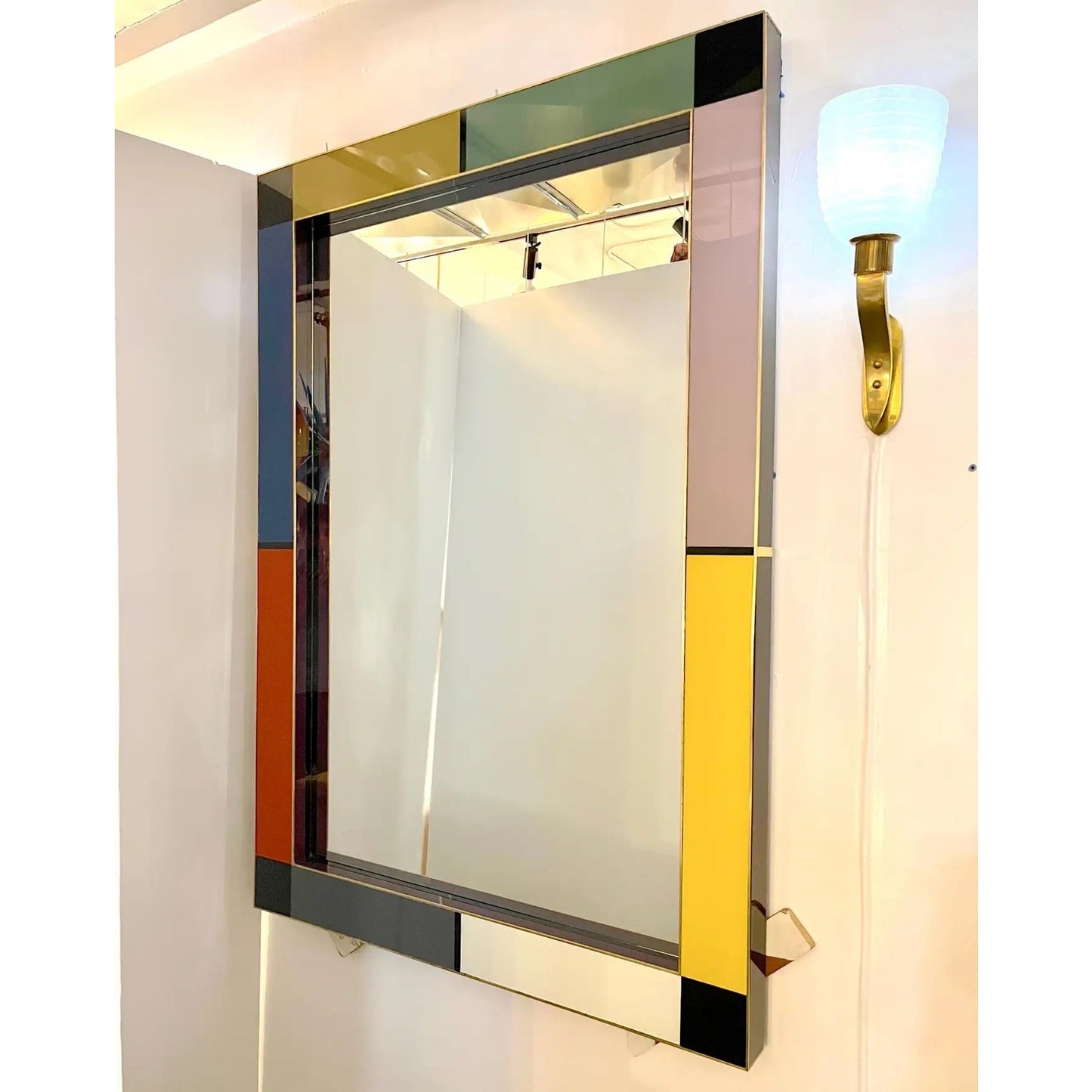 Bespoke Italian Mondrian Decor Red Yellow Gray Taupe Black White Glass Mirror
