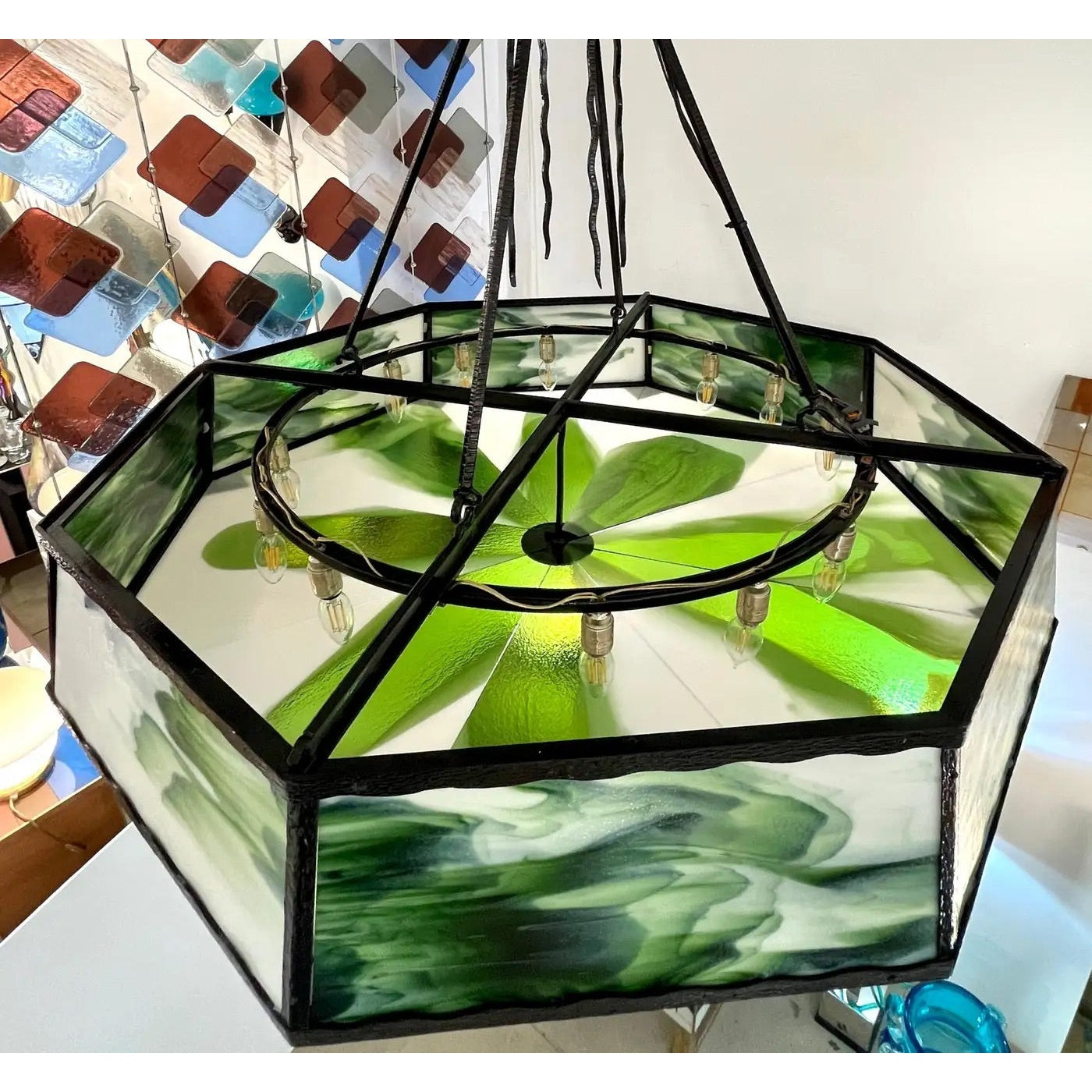 1930s Italian Art Deco White Green Murano Glass Black Iron Chandelier Lantern