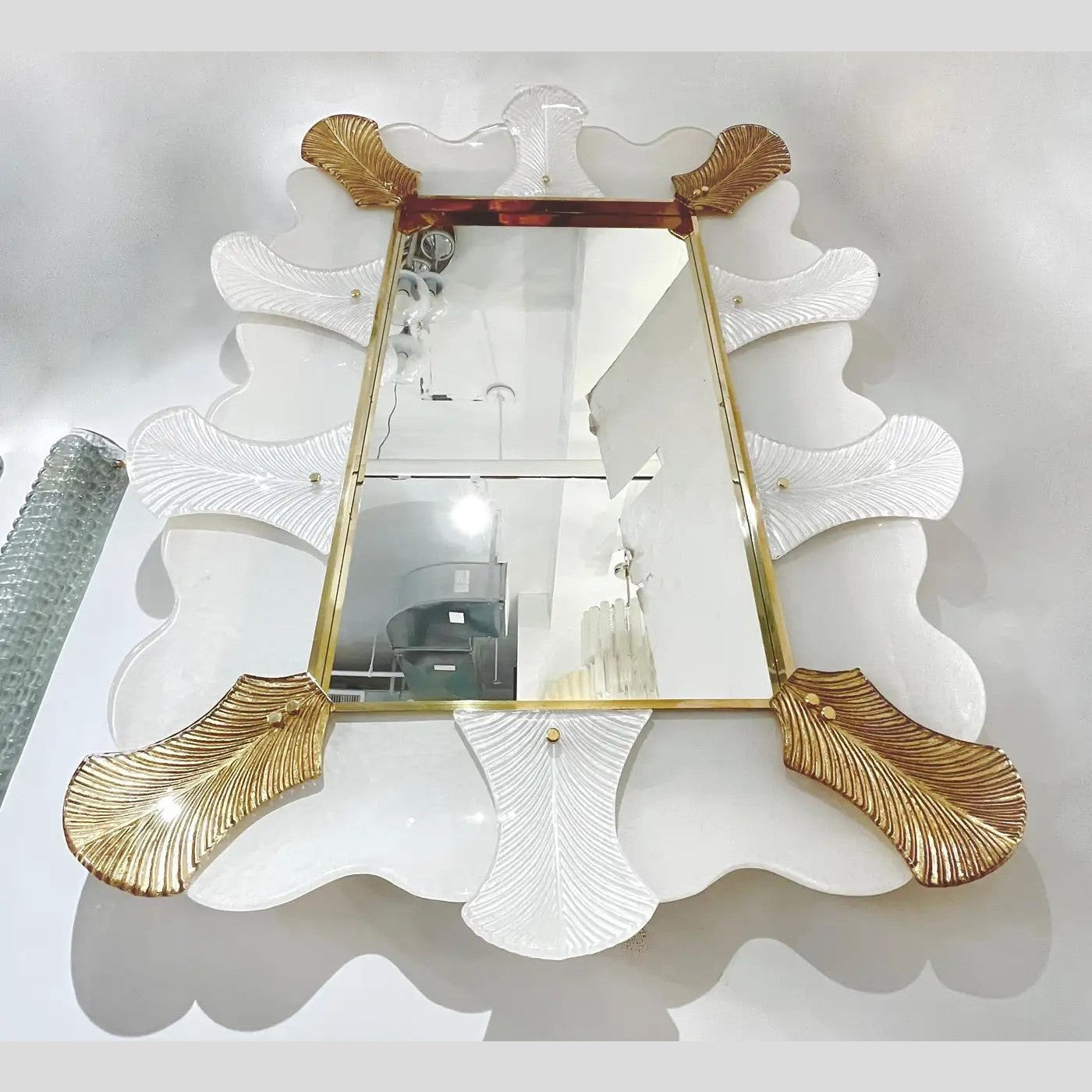 Bespoke Italian Art Deco Style Curved Leaf White Gold Murano Glass Brass Mirror